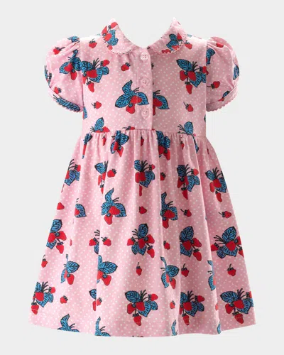 Rachel Riley Kids' Girl's Strawberry Jersey Puff-sleeve Dress In Pink