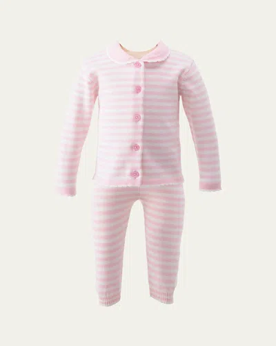Rachel Riley Kids' Girl's Striped Scallop Trim Knit Set In Pink