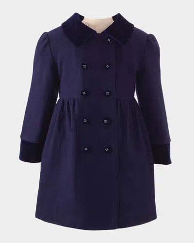 Rachel Riley Kids' Girl's Velvet-trim Double Breasted Coat In Navy