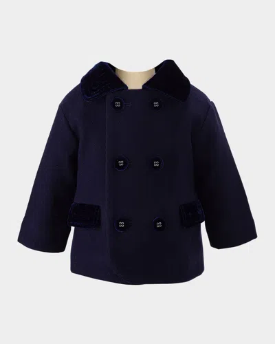 Rachel Riley Girl's Velvet-trim Double Breasted Coat In Navy