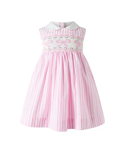 Rachel Riley Girls' Bow Smocked Striped Dress And Bloomers - Baby In Pink