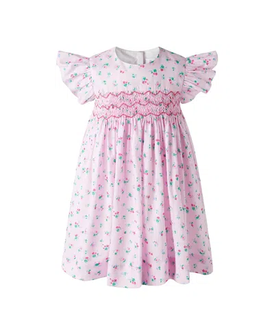 Rachel Riley Girls' Flutter Floral Smocked Dress And Bloomers - Baby In Pink