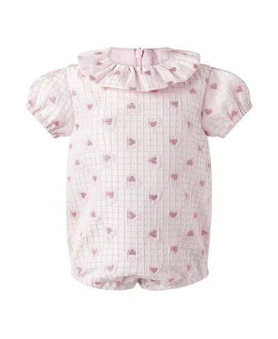 Rachel Riley Girls' Heart Check Damask Bubble Romper - Baby In Pink