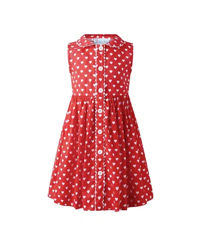 Rachel Riley Girls' Heart Sleeveless Button Front Dress - Little Kid, Big Kid In Red