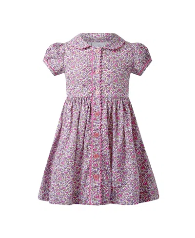 Rachel Riley Girls' Purple Floral Button Front Dress - Little Kid, Big Kid In Animal Print