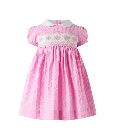 Rachel Riley Kids' Girls' Seersucker Heart Smocked Dress And Bloomers- Baby In Pink