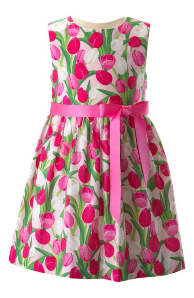 Rachel Riley Kids' Tulip Print Sleeveless Cotton Fit & Flare Dress In Pink