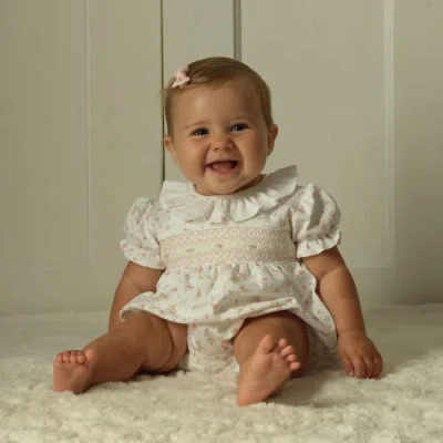 Rachel Riley Babies'  Pima Floral Smocked Bubble In White