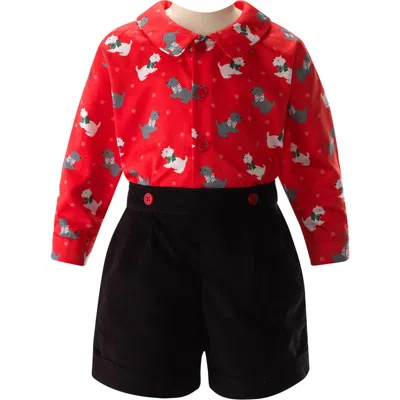 Rachel Riley Babies'  Scottie Dog Print Cotton Button-up Shirt & Shorts Set In Red