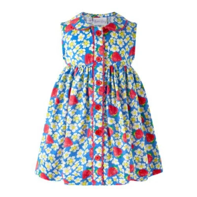 Rachel Riley Babies'  Strawberry Button-front Dress And Bloomers In Blue