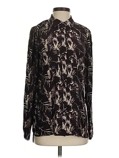 Pre-owned Rachel Roy Long Sleeve Silk Top Black Print Pattern Mock Neckline Tops