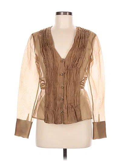 Pre-owned Rachel Roy Long Sleeve Silk Top Brown Plunge Neckline Tops