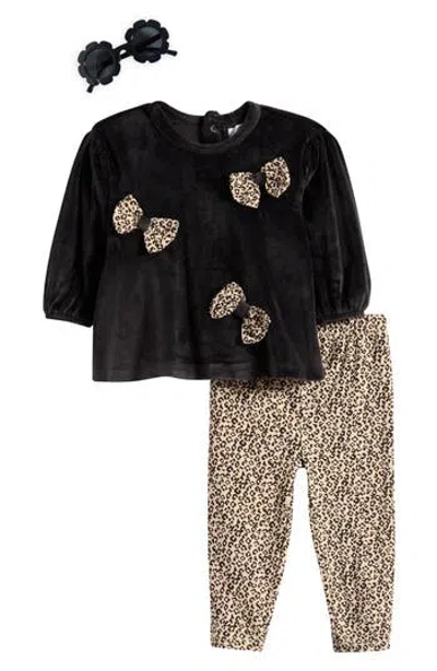 Rachel Zoe Babies'  Bow Velour Sweatshirt, Leggings & Sunglasses Set In Black
