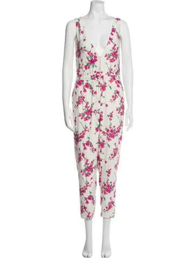 Pre-owned Rachel Zoe Floral Print Plunge Neckline Jumpsuit In White