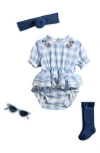 Rachel Zoe Gingham Gauze Bodysuit, Socks, Headband & Sunglasses Set In Blue