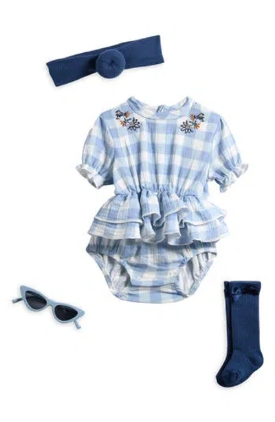 Rachel Zoe Babies'  Gingham Gauze Bodysuit, Socks, Headband & Sunglasses Set In Blue