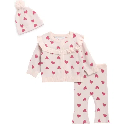 Rachel Zoe Babies'  Heart Jacquard Top, Pants & Beanie Set In Red