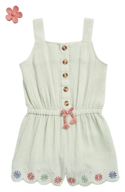Rachel Zoe Kids' Embroidered Gauze Romper With Claw Clip In Green Lily