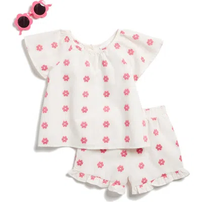 Rachel Zoe Kids' Embroidered Flower Top, Shorts & Sunnies Set In Ivory/pink
