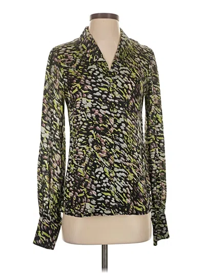 Pre-owned Rachel Zoe Long Sleeve Silk Top Green Animal Print Pattern Collared Neckline Tops