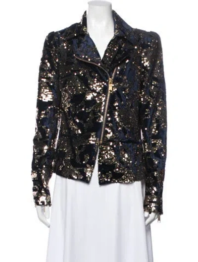 Pre-owned Rachel Zoe Patterned Biker Jacket In Blue