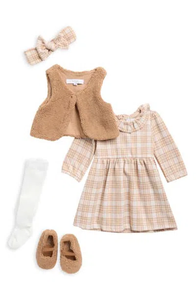 Rachel Zoe Babies'  Plaid Dress, Fleece Vest, Socks, Booties & Headband In Light/ Pastel Brown