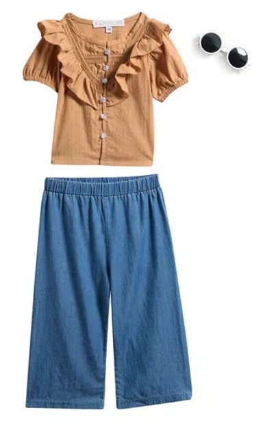 Rachel Zoe Babies'  Ruffle Dobby Top, Chambray Pants & Sunglasses Set In Brown
