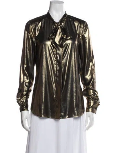 Pre-owned Rachel Zoe Tie Neck Long Sleeve Blouse In Gold