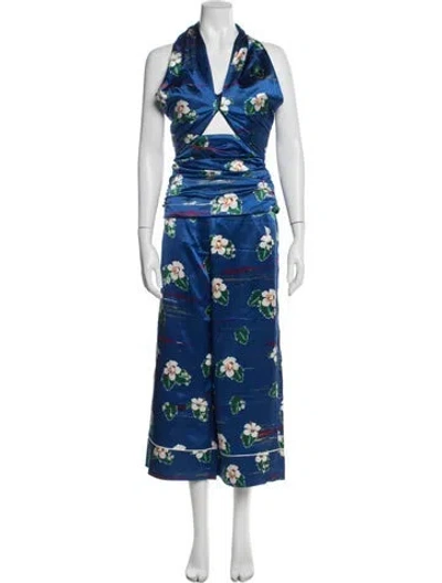 Pre-owned Racil Silk Floral Print Pant Set In Blue