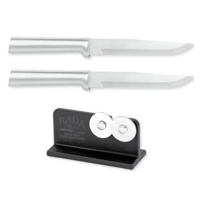 Radà Rada Cutlery 5.375-inch Stubby Butcher Knife Set Of 2 & Quick Edge Knife Sharpener In Silver