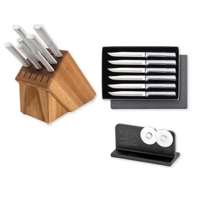 Radà Rada Essential Oak 8 Piece Knife Block Set With Knife Sharpener & 6 Piece Steak Knife Set In Silver