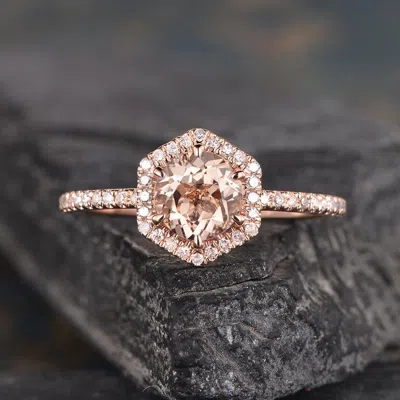 Pre-owned Radiant Hexagon Halo Morganite Ring, 14k Solid Rose Gold Engagement Ring In Pink
