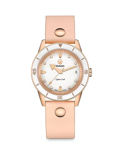 Rado Women's Swiss Automatic Captain Cook Diamond (1/20 Ct. T.w.) Pink Leather Wrap Strap Watch 37mm In Beige / Gold Tone / Rose / Rose Gold Tone / White
