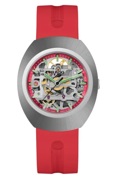 Rado Diastar Original Skeleton Automatic Rubber Strap Watch In Red Annular Skeleton