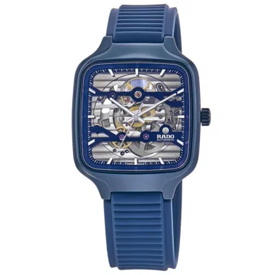 Rado True Square Automatic Skeleton Rhodium Rubber Strap Unisex Watch R27178205 In Blue