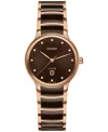 RADO WOMEN'S SWISS CENTRIX DIAMOND (1/20 CT. T.W.) BROWN CERAMIC & ROSE GOLD PVD BRACELET WATCH 31MM