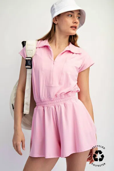 Rae Mode Butter Short Sleeve Quarter Zip Romper In Sugar Pink