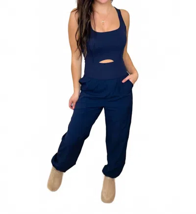 Rae Mode Front Cut-out Active Jogger Jumpsuit In Navy Blue
