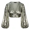 Raevynn Women's Gold Roxy Crop Top In Metallic Sequins In Gold