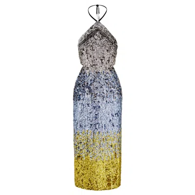 Raevynn Women's Zephyr Midi Dress In Ombre Sequins In Blue/gray/yellow