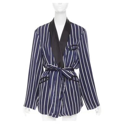 Pre-owned Raey Navy White Stripe Silk Trim Belted Kimono Smoking Pajama Tuxedo Jacket Uk8