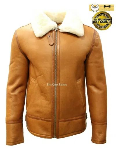 Pre-owned Raf Leather Men's B3 Shearling Sheepskin Jacket Tan Whisky Beige Fur Bomber Pilot Raf Harbin