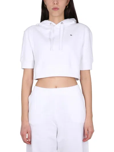 RAF SIMONS CROPPED WHITE SWEATSHIRT WITH DRAWSTRING HOOD