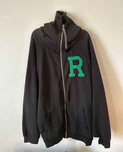 Pre-owned Raf Simons Green Flocked R Letter Chain Zipper Destroyer Hoodie Jacket In Black