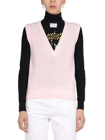 Raf Simons V-neck Knitted Vest With Ribbed Texture In Pink
