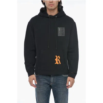 Raf Simons Logo Print Distressed Effect Destroyed Hoodie In Blue