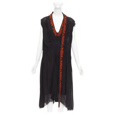 Pre-owned Raf Simons Prada 2021 Runway Black Voile Red Sable Jacquard Knit Neck Midi Dress It38 Xs