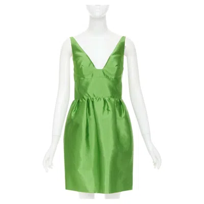 Pre-owned Raf Simons Prada 2022 Kelly Green Duchess Silk V-neck Sleeveless Mini Dress It42 M