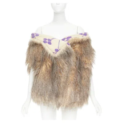 Pre-owned Raf Simons Prada  2021 Runway Brown Fur Purple Floral Jacquard Clutch Shawl It38