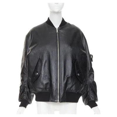 Pre-owned Raf Simons Prada  2021 Runway Lambskin Leather Pouch Oversized Bomber Jacket In Black